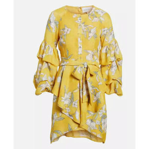 NWOT JOA Chriselle Lim Flutter Sleeve Round Neck Tie Waist Yellow Floral Dress